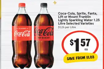 IGA Coca-Cola, Sprite, Fanta, Lift or Mount Franklin Lightly Sparkling Water 1.25 Litre offer