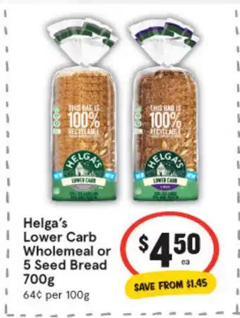 IGA Helga's Lower Carb Wholemeal or 5 Seed Bread 700g offer