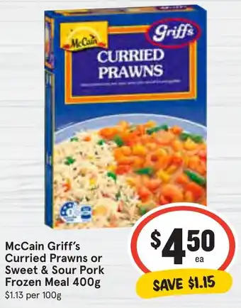 IGA McCain Griff's Curried Prawns or Sweet & Sour Pork Frozen Meal offer