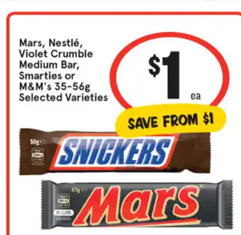 IGA Mars, Nestle, Violet Crumble Medium Bar, Smarties or M&M's 35-56g offer