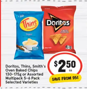 IGA Doritos, Thins, Smith's Oven Baked Chips 130-175g or Assorted Multipack 5- Pack offer