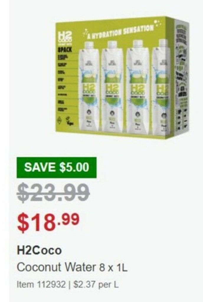 H2Coco Coconut Water 8 x 1L offer at Costco