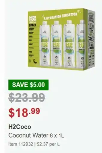 Costco H2Coco Coconut Water 8 x 1L offer