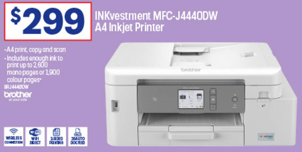 INKvestment MFCJ4440DW A4 Inkjet Printer offer at Officeworks