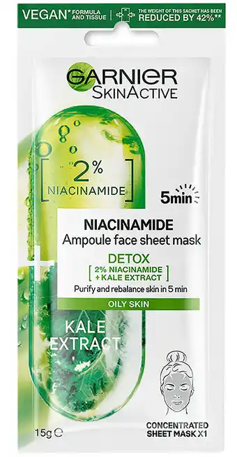 Garnier niacinamide detox ampoule face sheet mask kale extract 15g