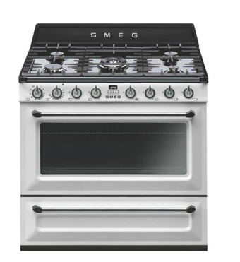 The Good Guys Smeg 90cm victoria dual fuel upright cooker - white offer