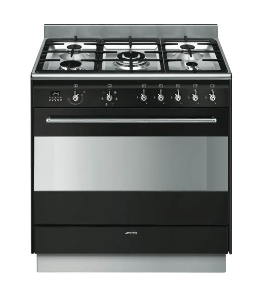 Smeg 90cm dual fuel upright cooker black offer at The Good Guys