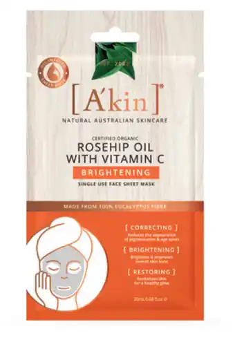 Direct Chemist Outlet A'kin rosehip oil with vitamin c brightening face sheet mask offer