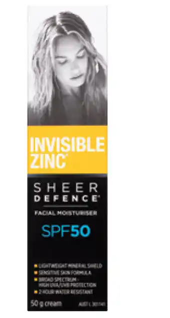 Invisible zinc sheer defence facial moisturiser spf50 50g