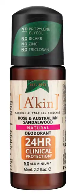 Ramsay Pharmacy A'kin rose & australian sandalwood natural roll-on deodorant 65ml offer