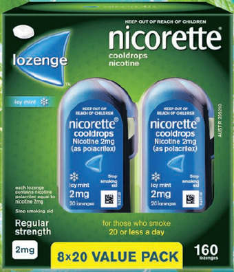 Nicorette quit smoking cooldrops lozenges regular strength icy mint 2mg 160 pieces