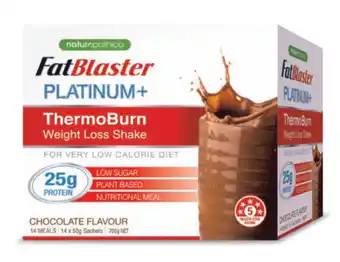 Chemist Warehouse Naturopathica fatblaster platinum + thermoburn weight loss shake chocolate flavour 14 x 50g sachets offer