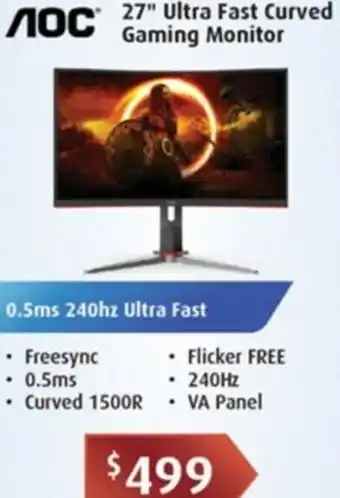 Leader Computers 27" Ultra Fast Curved Gaming Monitor offer