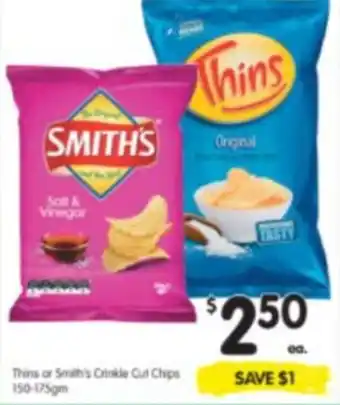 Spar Thins or Smith's Crinkle Cut Chips 150-175gm offer