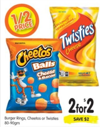 Spar Burger Rings, Cheetos or Twisties 80-90gm offer