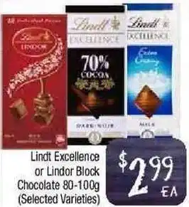 Foodworks Lindt Excellence or Lindor Block Chocolate 80-100g offer