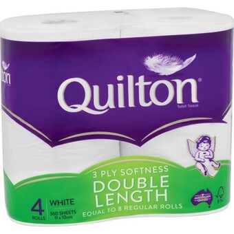 IGA Quilton 3 Ply White Softness Double Length Toilet Tissue 4 Pack offer