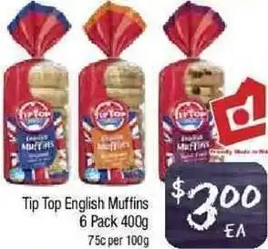Foodworks Tip Top English Muffins 6 Pack 400g offer