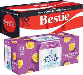 Coles Coca-Cola, Fanta or Sprite Soft Drink or Mount Franklin Lightly Sparkling 10x375mL offer
