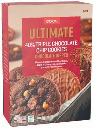 Coles Coles Ultimate Chocolate Dipped 40% Choc Chip Cookies 400g offer