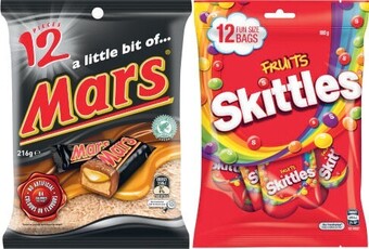 Coles Mars or Skittles Funsize 144g-216g offer