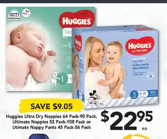 Drakes Huggies Ultra Dry Nappies Pack 64-90s offer