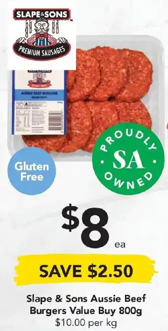 Drakes Slape & Sons Aussie Beef Burgers Value Buy 800g offer