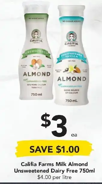 Drakes Califia Farm Milk Almond Unsweetened Dairy Free 750ml offer