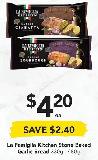 Drakes La Famiglia Kithen Stone Baked Garlic Bread 330-480g offer