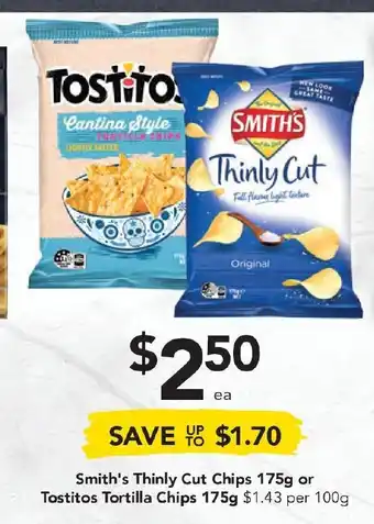Drakes Smith's Thinly Cut Chips 175g or Tostitos Tortilla Chips 175g offer