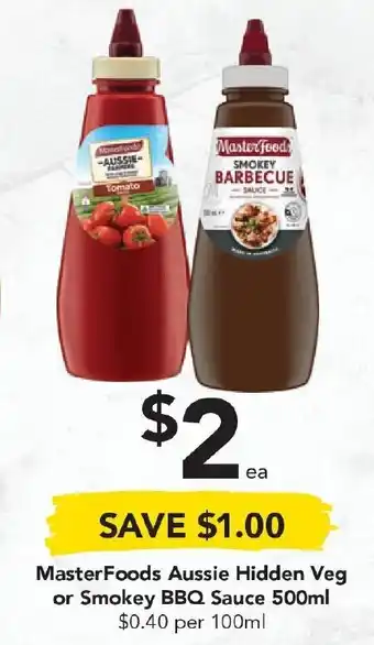 Drakes MasterFoods Aussie Hidden Veg or Smokey BBQ Sauce 500ml offer