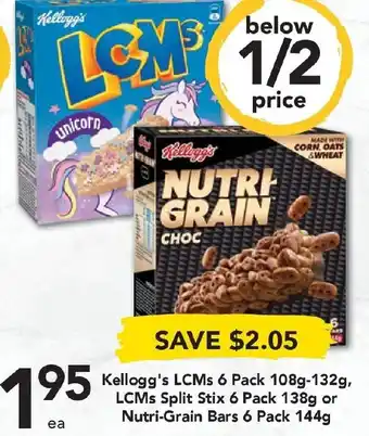 Drakes Kellogg's LCMs 6 Pack 108g-132g LCMs Split Stix 6 Pack 138g or Nutri-Grain Bars 6 Pack 144g offer