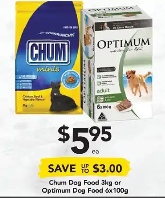 Drakes Chum Dog Food 3kg or Optimum Dog Food 6x100g offer
