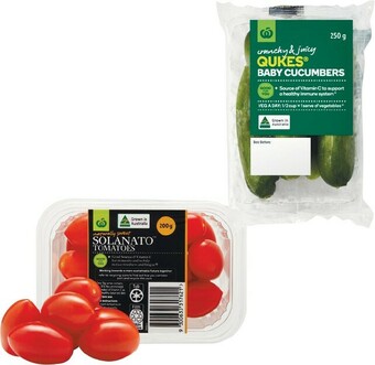 Woolworths Australian Sweet Solanato™ Tomatoes 200g Punnet or Qukes® Baby Cucumbers 250g Pack offer