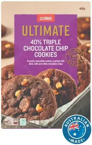 Coles Coles Ultimate 40% Triple Chocolate Chip Cookies 400g offer