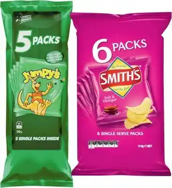 Coles Smith’s Chips 6 Pack 114g or Jumpy’s Snacks 5 Pack 90g or Majans Bhuja Mix 140g-180g offer