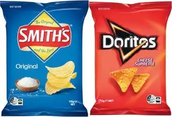 Coles Doritos Corn Chips 150g-170g or Smith’s Crinkle Cut Potato Chips 150g-170g offer