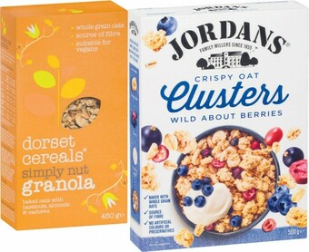 Coles Jordans Granola or Oat Clusters 500g-750g or Dorset Granola or Muesli 450g offer