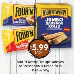 Four 'n twenty pies 4pk varieties or sausage rolls jumbo
