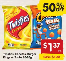 Spar Twisties, Cheetos, Burger Rings or Toobs offer