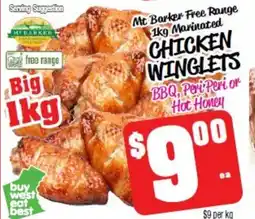 Mt barker free range 1kg marinated chicken winglets bbq, peri peri or hot honey