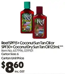 Campbells Wholesale Reef SPF15+Coconut Sun Tan Oil or SPF30+Coconut Dry Sun Tan Oil offer