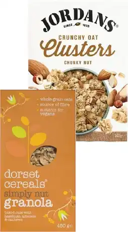 Coles Jordans Granola or Oat Clusters 500g-750g or Dorset Granola or Muesli 450g offer