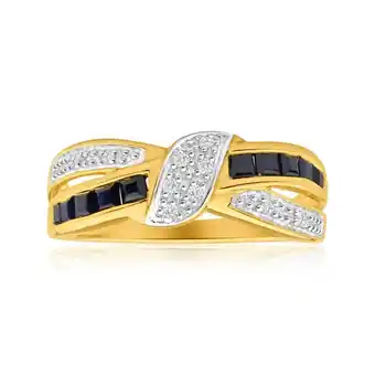 Shiels 9ct Yellow Gold Natural Sapphire + Diamond Crossover Ring offer