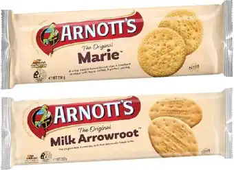 Coles Arnott's Milk Arrowroot or Marie Biscuits 250g offer