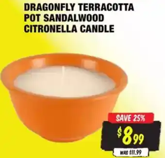 Aussie Disposals Dragonfly terracotta pot sandalwood citronella candle offer