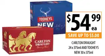 Carlton Draught 24x375ml and Tooheys New 30x375ml