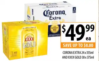 Supabarn Corona Extra 24x355ml and XXXX Gold 30x375ml offer