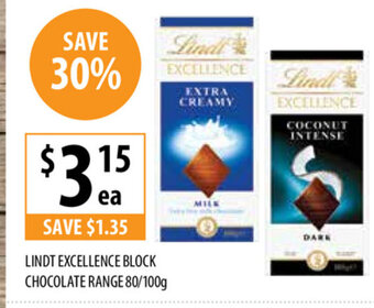 Supabarn Lindt Excellence Block Chocolate Range 80/100g offer