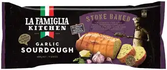 IGA La Famiglia Kitchen Stone Baked Garlic Sourdough 480g or Garlic Ciabatta 330g offer